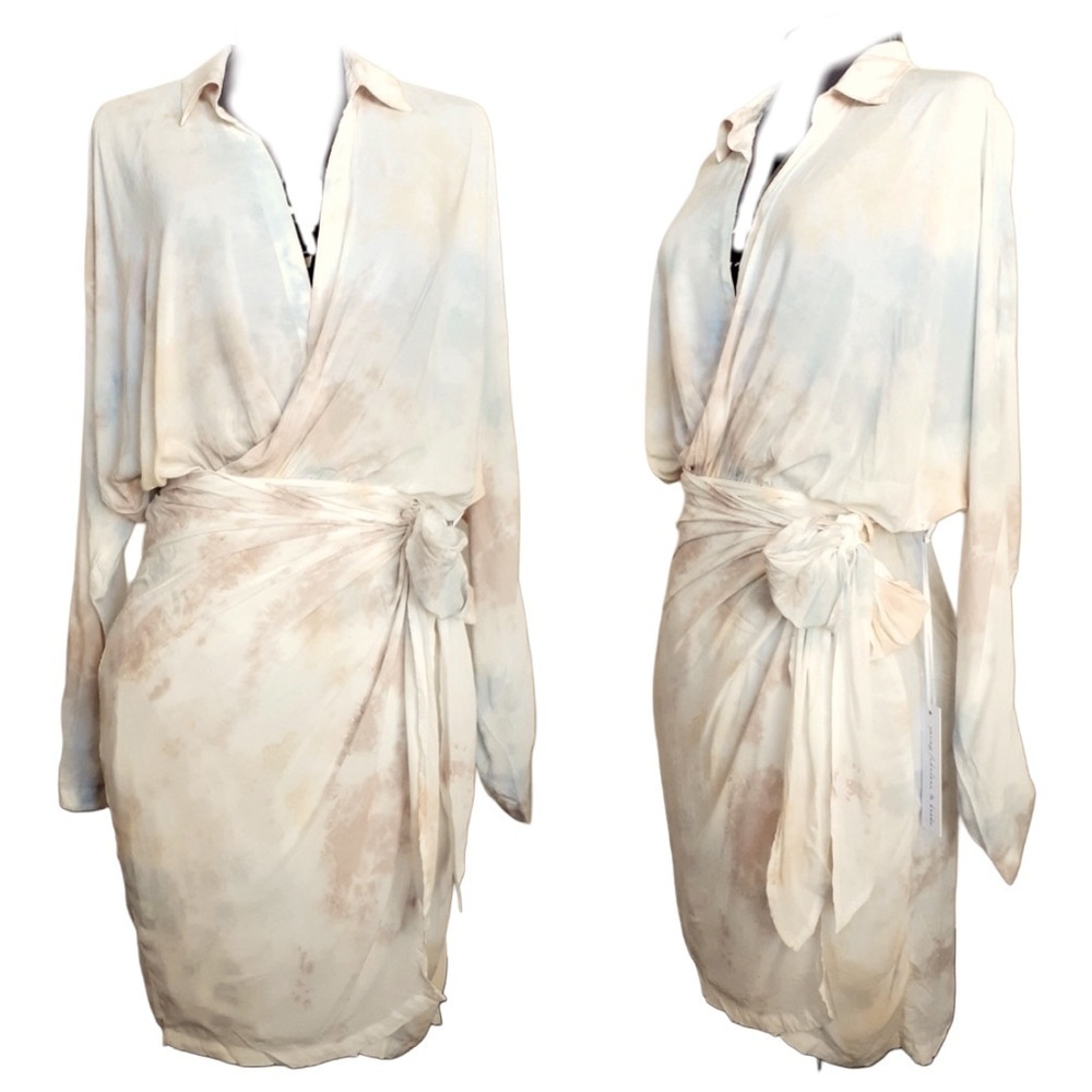 Young Fabulous & Broke tie dye faux wrap mini midi dress batwing sleeves sz S